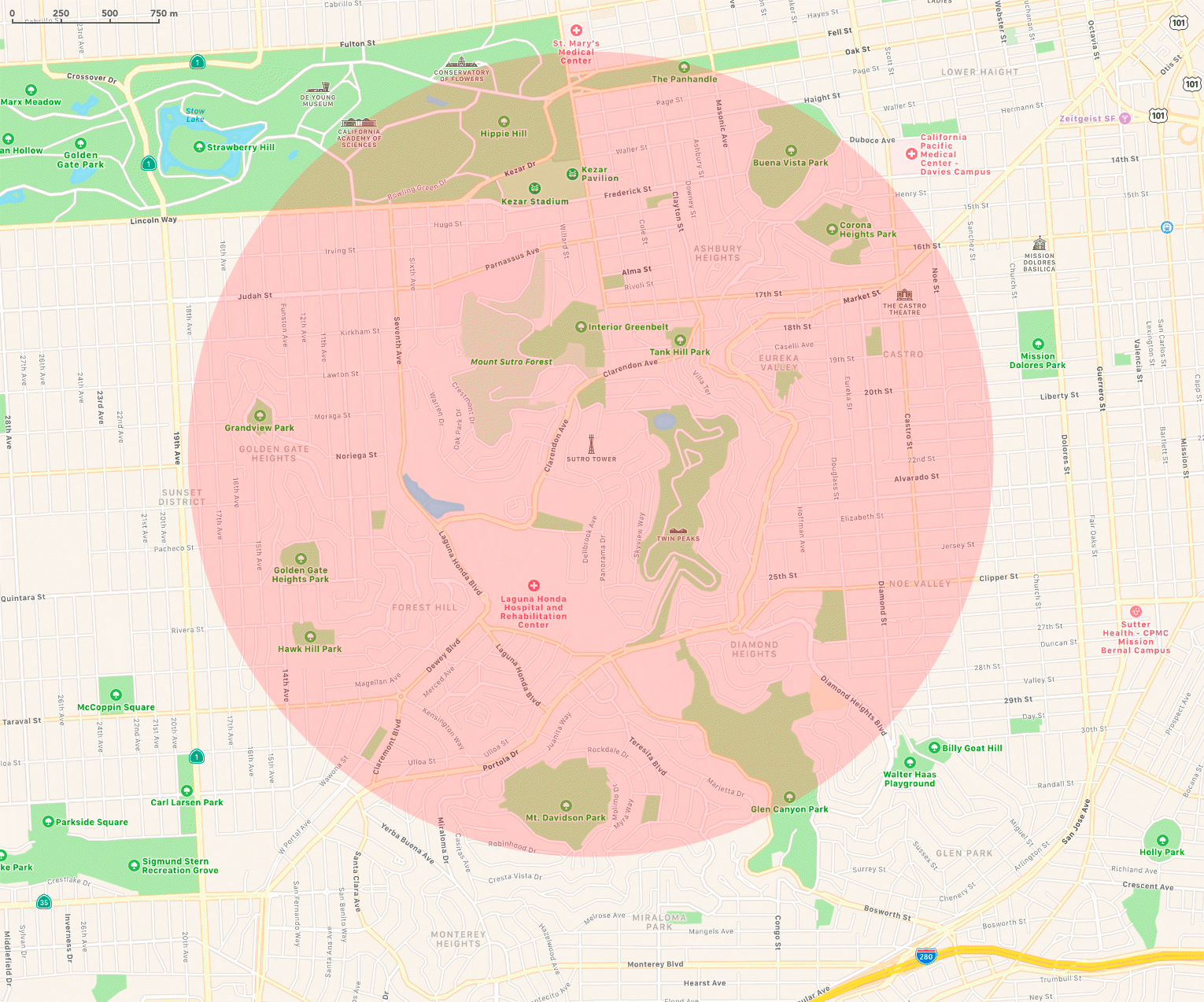 Sutro Twoer 2km radius map